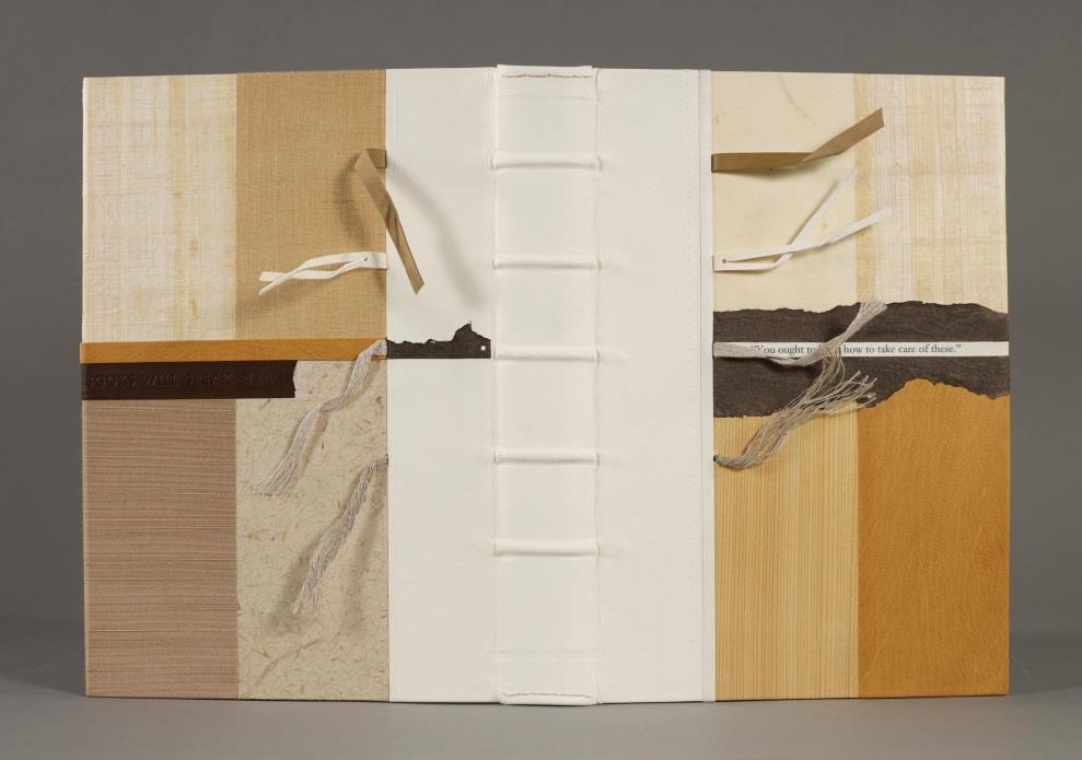 Barbara Korbel Quarter alum-tawed leather, sewn on five raised cords, sides covered in a selection of materials historically used on books: vellum, papyrus, wood, leather, linen, bookcloth, and