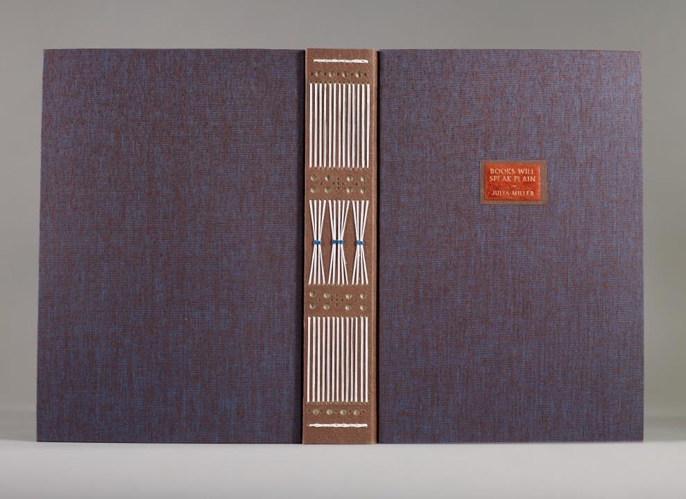 Jill Krase Longstitch/bradel binding with walnut Cave Paper spine and endsheets, boards covered in blue/brown bookcloth, title gold-stamped on terracotta leather label.