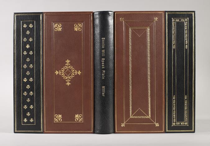 Jana Pullman Bradel binding with black goatskin spine and fore-edges, boards covered in brown goatskin, handsewn silk endbands and marbled endpapers with leather hinge, gold and blind tooling