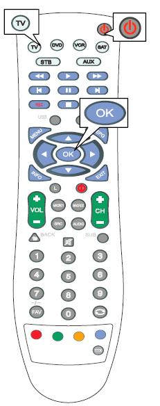 2.3 Automatic code search programming 1. Turn on your TV you want to program to work with the remote control, Hold the remote in a straight line in front of your TV at a distance less than 1 meter. 2.