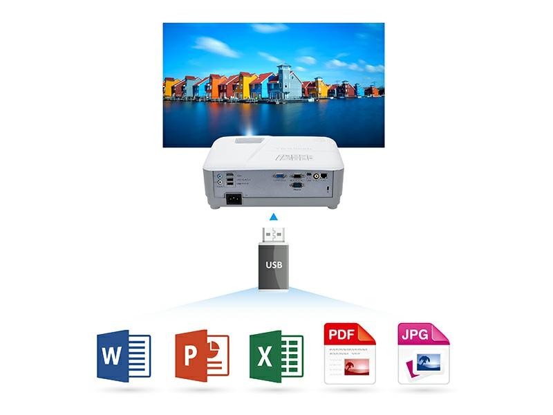 PC-free Projection The projector s USB reader support allows users to run photo images such as JPG and BMP, as well as office documents including PDF, Word, PowerPoint, and excel files, directly from