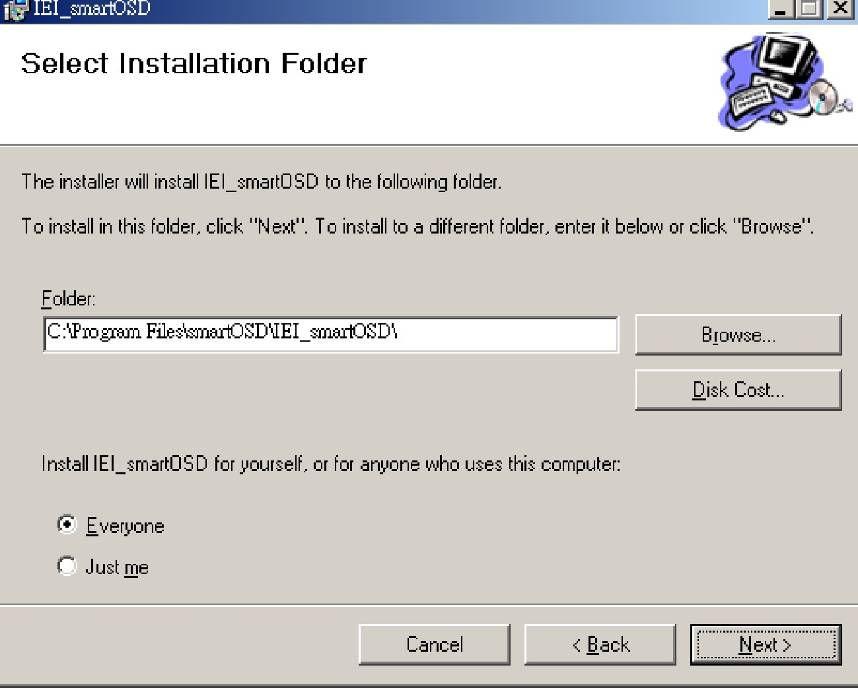 Figure 4-6: SmartOSD Select Installation Folder Step 6: Select the installation folder from the