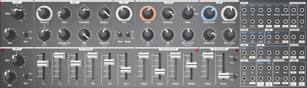 4.3. Inputs and outputs In order to hear the MiniBrute 2S, its audio output needs to connect to an audio amplifier either directly or through a mixer console (or use the Headphones output).