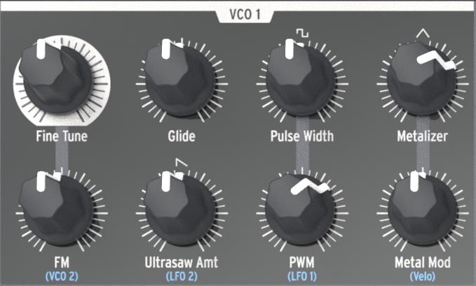 5.2. VCO 1 The VCO 1 section has eight controls that form the foundation of the MiniBrute 2S sound. The VCO 1 section : Many top panel knobs have blue letters beneath them.