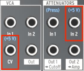 These labels indicate internal voltages For example, for the VCA section's CV input and the ATTENUATOR section's Att 2 input, the pre-wired control is the internal +5V