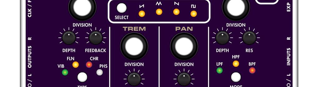 MOD section offers choice of Vibrato, Flanger, Chorus, or Phaser effect Standalone Tremolo, Modulated Panning, and Modulated Filter sections 9 tempo subdivision options for each modulation section