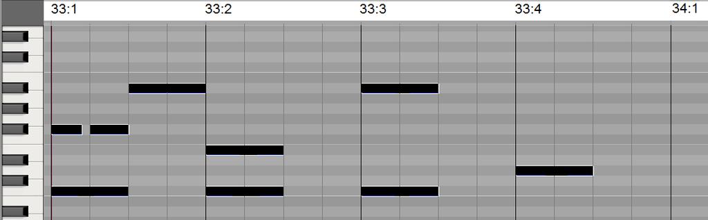 3(a) Using the drum sounds from drums.wav, complete the drum part in bar 33 using the rhythm shown in the grid editor below. 8 Listen to 1 01, the fourth bar after the breakdown.