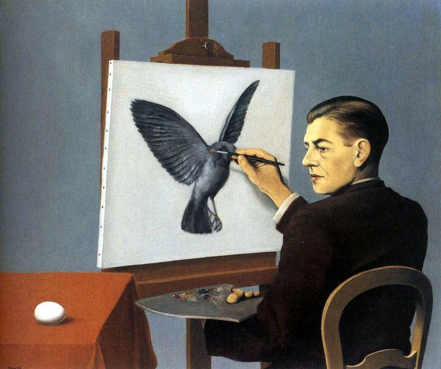 La Clairvoyance by Rene Magritte Visual Interpretation In this painting by Rene Magritte we see the painter the clairvoyant painting a bird using an unhatched egg as his point of reference.