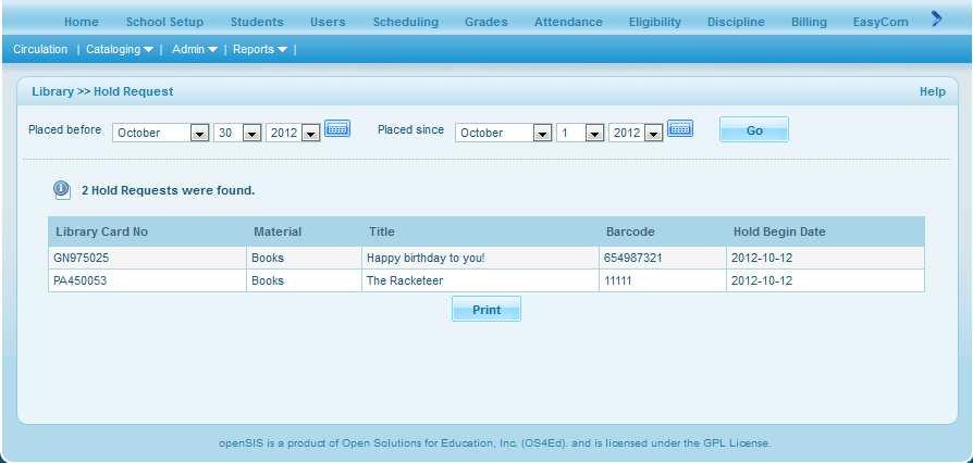 Now Admin has to log in and check the Library>> Reports >> Hold Requests option to approve or check out