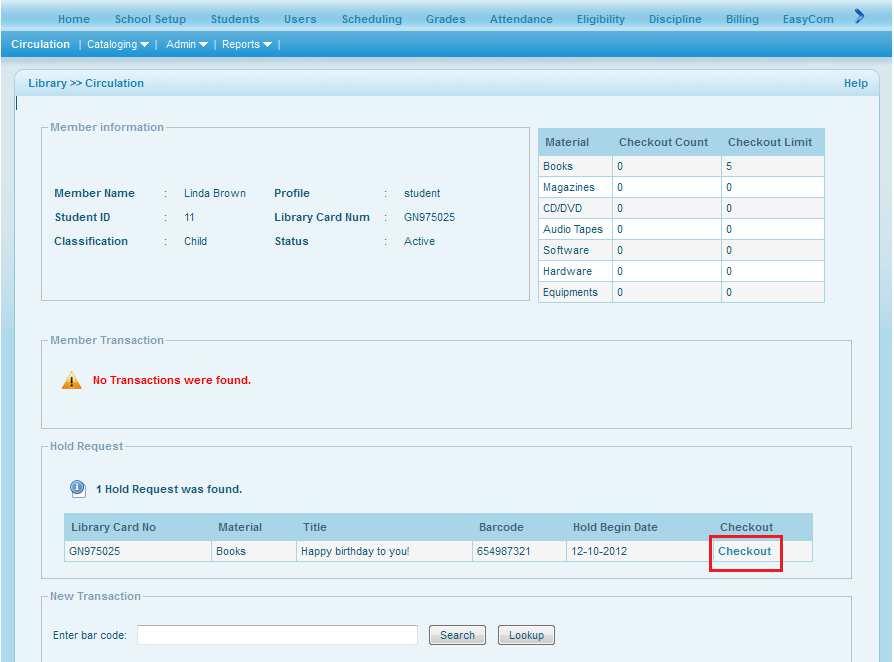 Figure-34 member details admin view Admin has to click on the Checkout button to lend the book