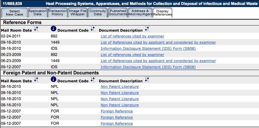 US-PAIR: prior art tab List of references cited
