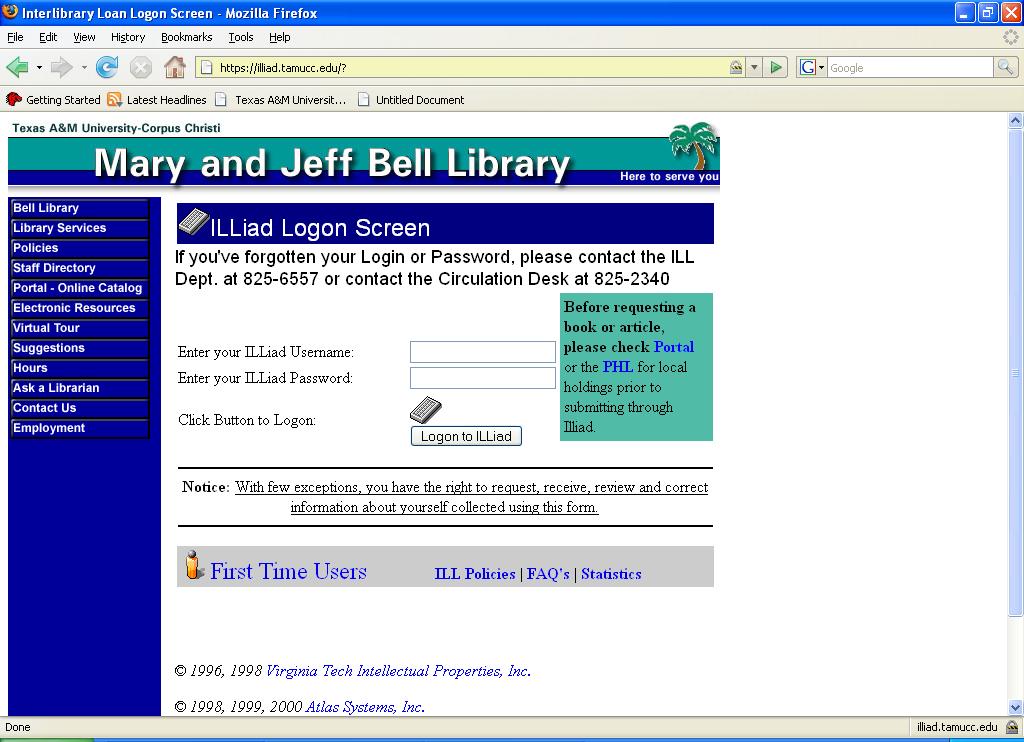 ILL (Interlibrary Loan) To use Interlibrary Loan, one must apply for a Username and Password by clicking