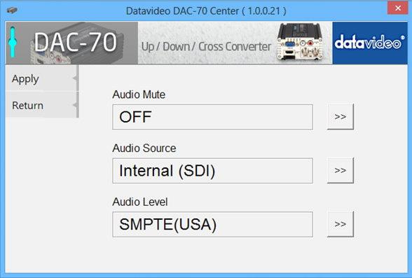 UP / DOWN / CROSS CONVERTER 3.1 Click the Audio tab to set the audio parameters. 3.2 Set the audio mute, audio source & audio level then click Apply.