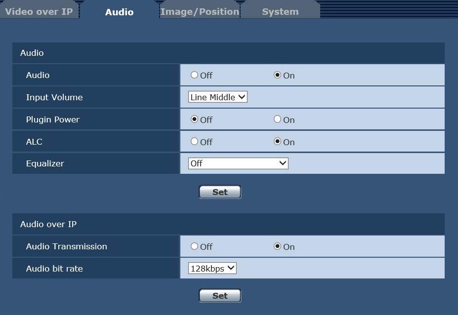 Web screen configurations (continued) Audio [Audio] Configure audio settings. Notes Images and audio are not synchronized. Therefore, images and audio may be slightly out of sync.