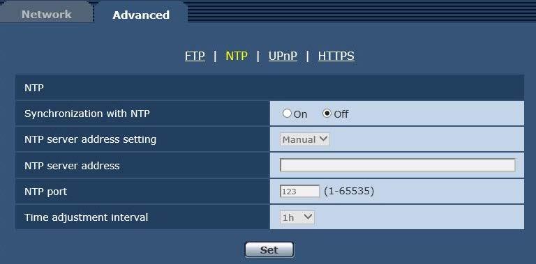 Web screen configurations (continued) zntp Settings relating to the NTP server address and port No. are performed. Synchronization with NTP Set whether to use an NTP server by selecting On or Off.