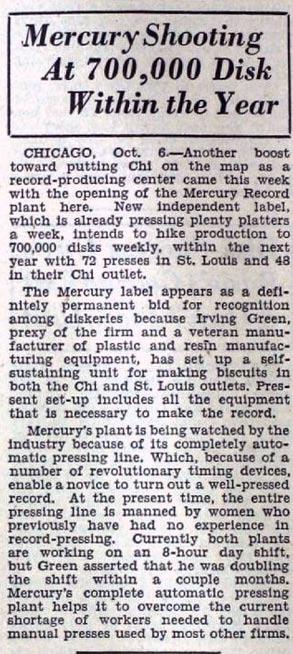 Introduction Mercury 78 RPM Albums Before LP and 45 Produced by Frank Daniels Mercury Records began in 1945 as a small label with pressing plants in Saint Louis and