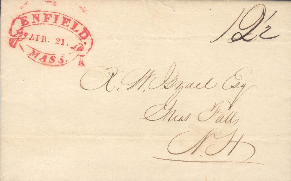 Stampless and 1851 Postal History Red Enfield, Mass stampless FLS, VF and fresh with a brilliant red