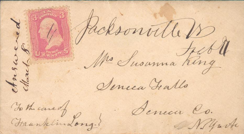 Postal History 64 MS Jacksonville VT 3c Pink with pen cancel, an incredible bright shade! Family letter dated: Feb. 7, 62.