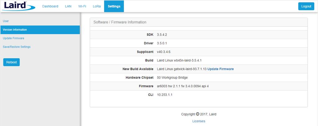 8.2 Version Information The Settings > Version Information page shows detailed software/firmware information of various components in the gateway.