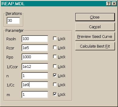 REAP.MDL Parameter Setup Dialog Box. If the fit does not converge to reasonable values and the theoretical curve does not closely fit the experimental data, you need to vary the starting values.