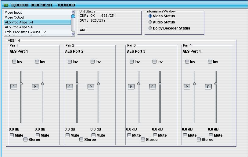 AES ProcAmp Settings Use the settings on the AES ProcAmps 1-4 and AES ProcAmps 5-8 screens to control the units AES audio output. The channels are grouped into eight output pairs.