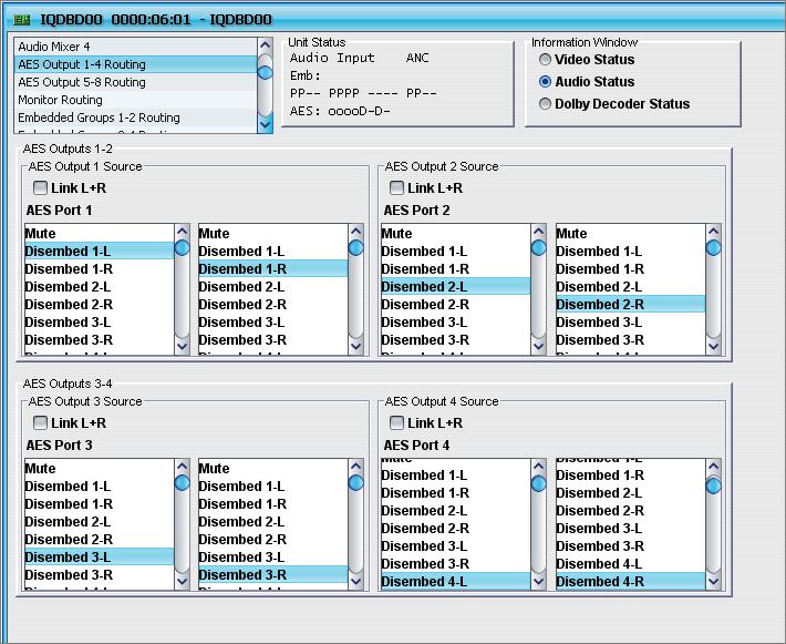 AES Routing Settings The AES Output 1-4 Routing and AES Output 5-8 Routing screens select the signal sources for the eight AES outputs.
