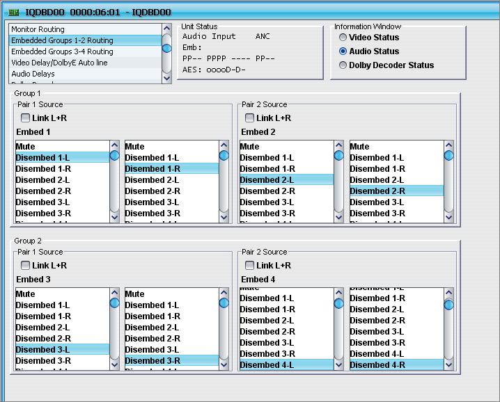 Embedded Routing Groups Settings Use settings on the Embedded Routing Groups 1-2 and the Embedded Routing Groups 3-4 screens to specify the signal sources for the SDI embedder.