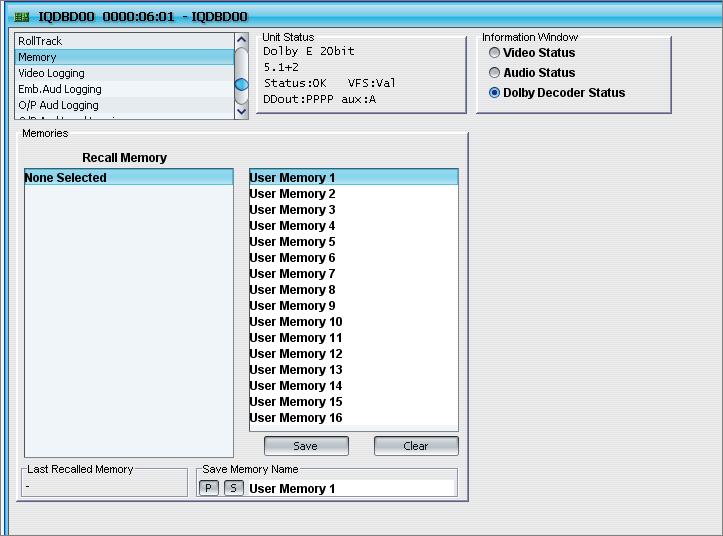 Memory Settings Use the Memory function to save up to 16 setups to be recalled later. All of the module s controls are classed as either system or user.