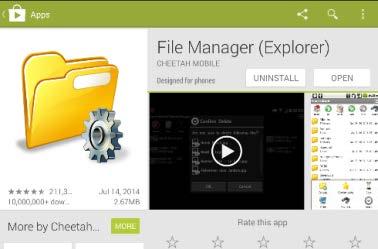 Email File(s) In order to email a file, a file manager must be installed on the tablet. An example of a file manager from Google Play Store is CHEETAH MOBILE, shown below.