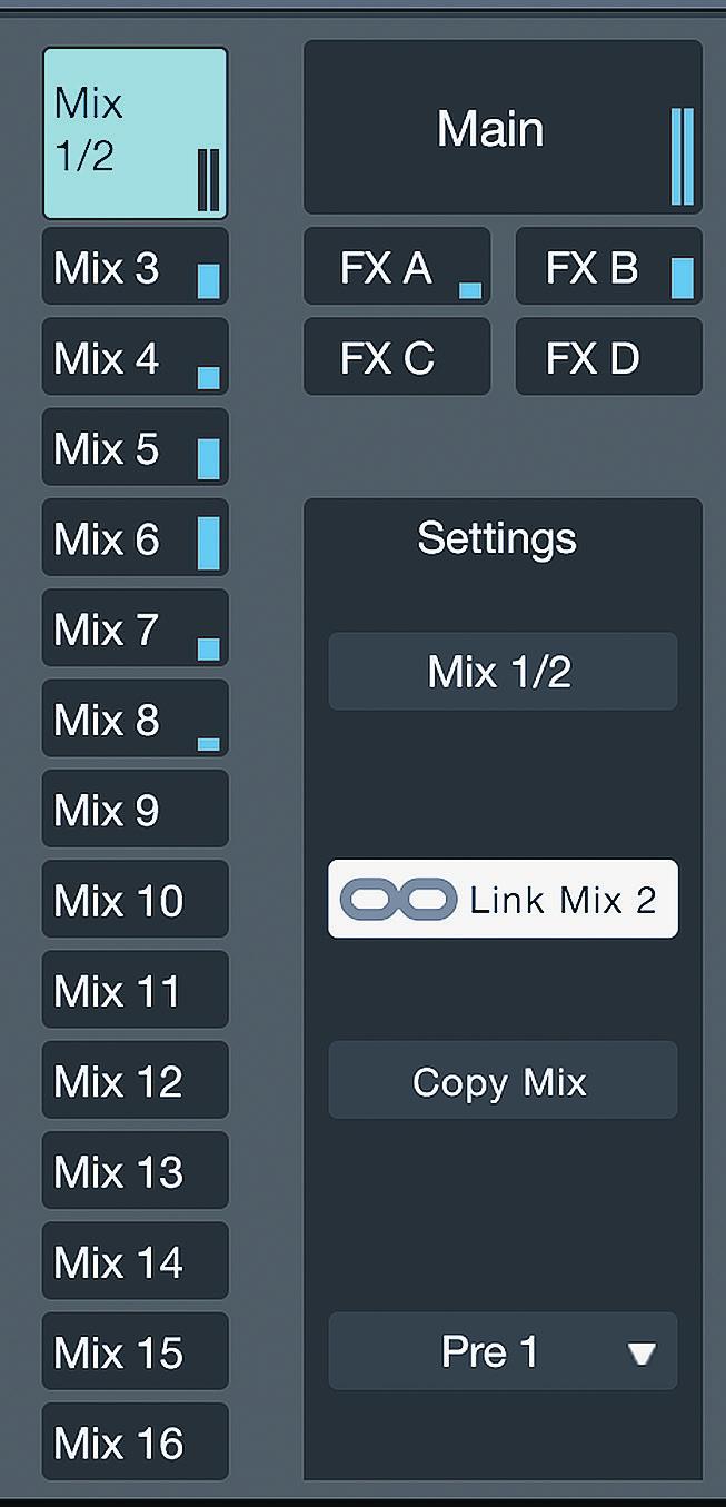 For example, when Mix 3 is selected, the Flex Master is the main output for Mix 3. This is the primary navigation area for RM mixers.