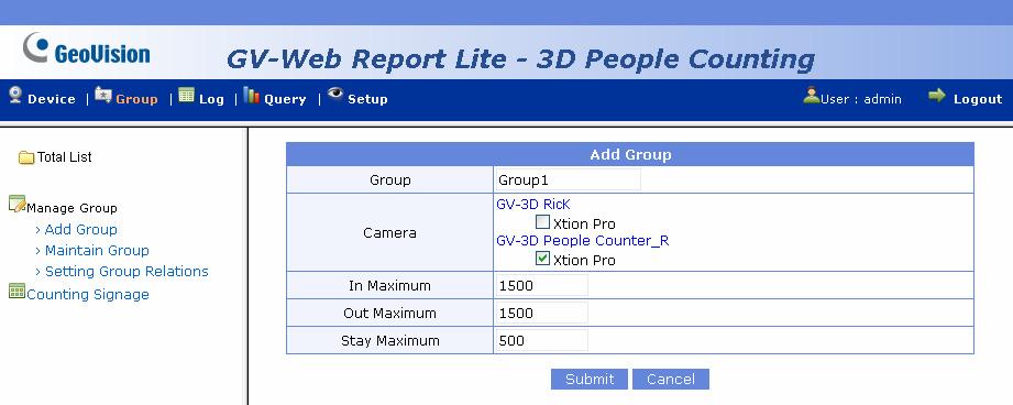 4 The Web Interface 4.3.2 Group On the Group page, you can group the connected GV-3D People Counter, and see the people counts of the set group.