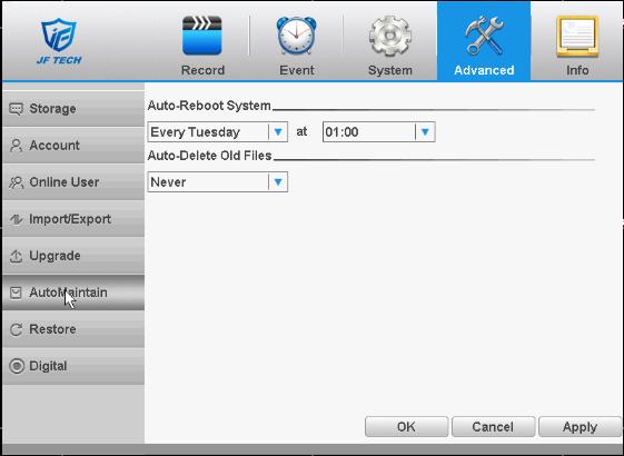 Figure 4.44 auto maintain 4.5.7 Restore The system restore to the default. You can choose the items according to the menu. Figure 4.45 Restore 4.5.8 Channel manage Channel management including digital channel, channel status, and channel mode.