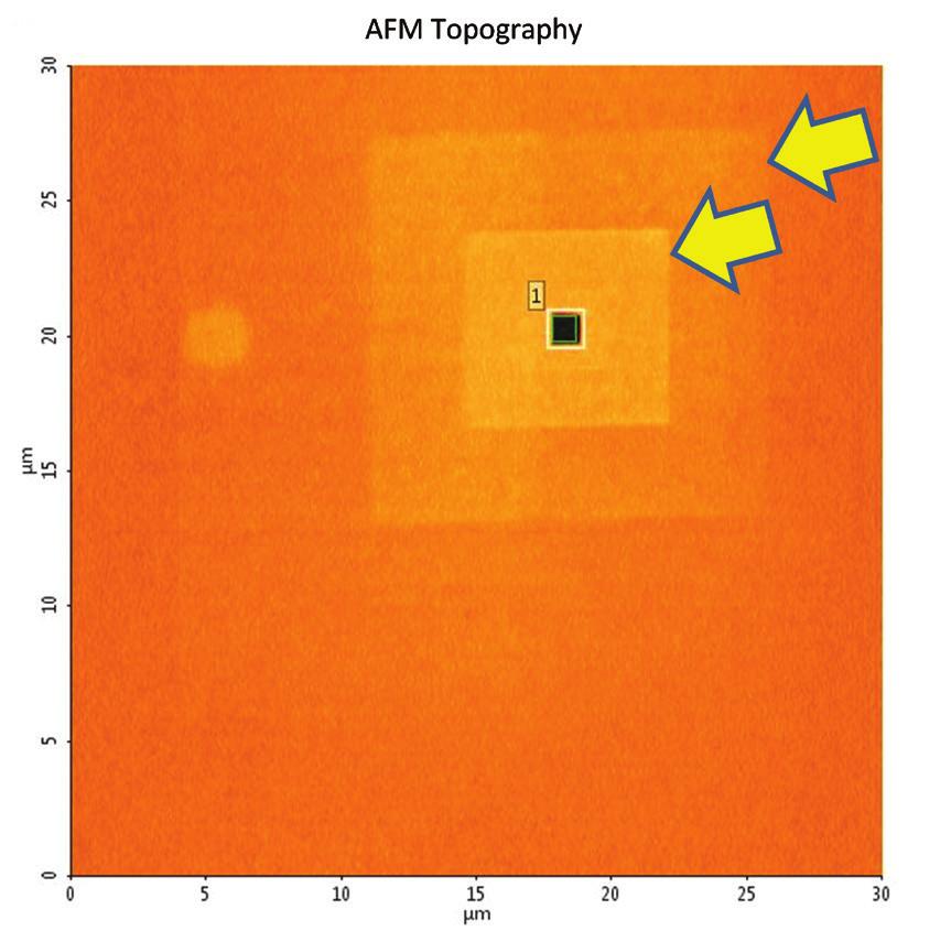 Figure 7: AFM image of a facet defect with several SEM burn-marks is shown; burns are marked by arrows. smaller or shallower than defects that the SEM could identify.