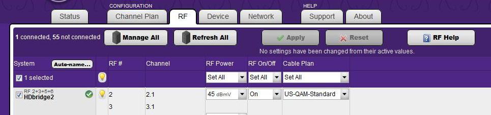 THE RF TAB Allows you to change the RF power output. Manage All allows you to view and configure all units on your network.