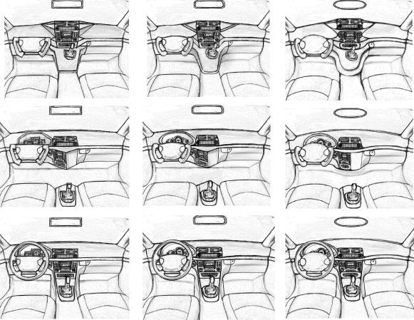 Appreciation of car interior Figure 4. The stimuli used in Experiment 2. The left column shows straight variants, the middle column shows original variants, the right column shows curved variants.