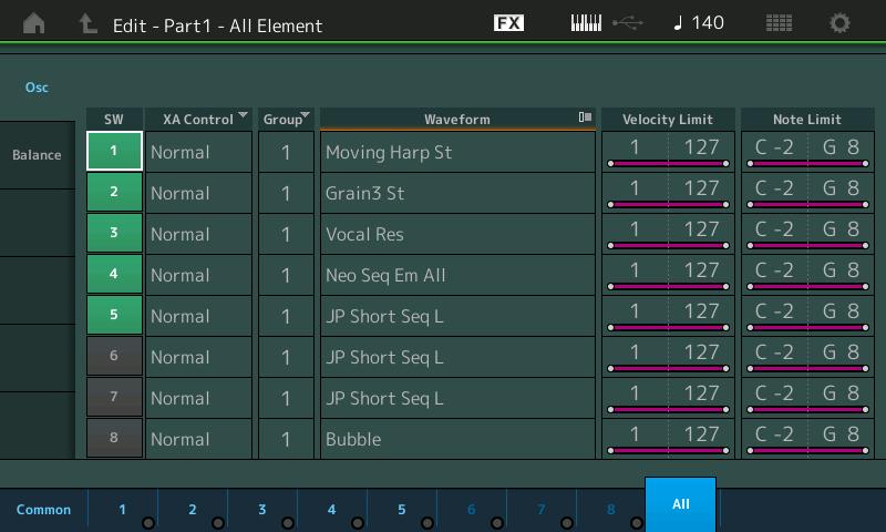 Normal Part (AWM2) Drum Part Normal Part (FM-X) /Audio Element All (All Element) Osc (Oscillator) From the Oscillator display you can set Oscillator-related parameters for the eight Elements.