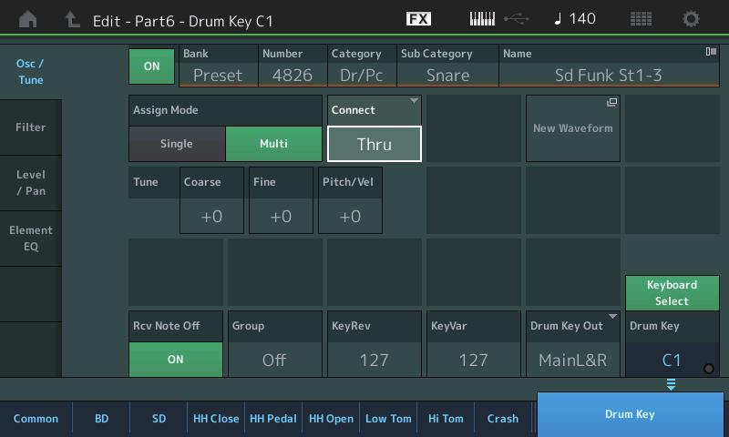 Normal Part (AWM2) Drum Part Normal Part (FM-X) /Audio Key Edit (Key) Osc/Tune (Oscillator/Tune) From the Oscillator/Tune display you can set Oscillator-related parameters for each Key of the Drum