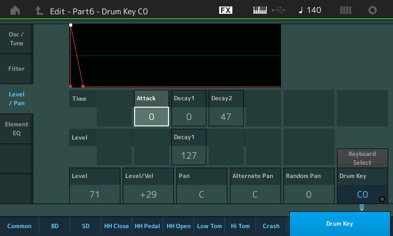 Normal Part (AWM2) Drum Part Normal Part (FM-X) /Audio Level/Pan From the Level/Pan display you can make Level and Pan settings for each Drum Key.