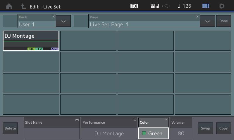 Live Set Edit (Edit) From the Live Set Edit display you can edit the Live Sets (User Bank only).