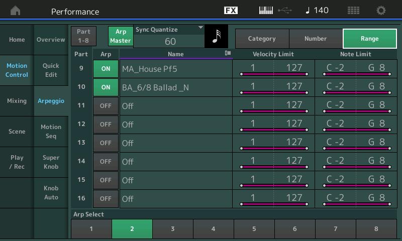 When View is set to Range Home Motion Control Overview Quick Edit Super Knob Knob Auto Mixing Scene Play / Rec MIDI Audio Name ( Name) Settings: See the Data List PDF document.