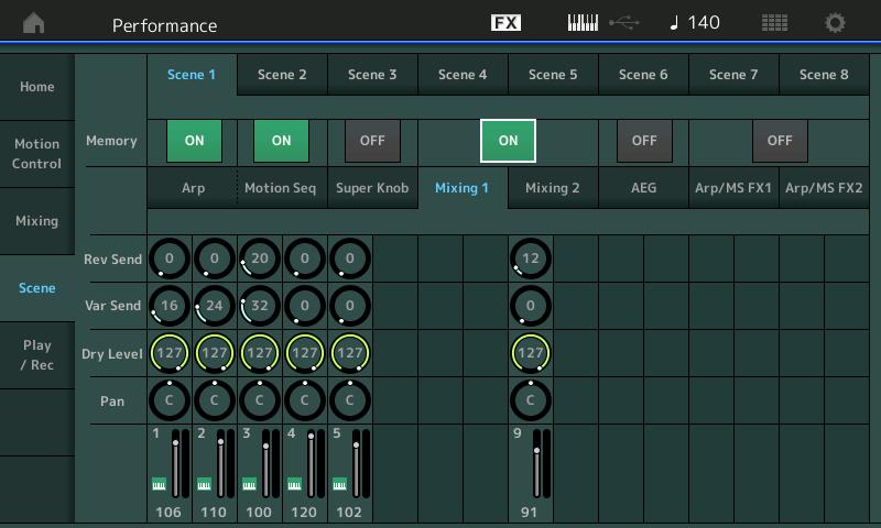 Knob Auto Mixing Scene Play / Rec MIDI Audio Super Knob (Super Knob Value) Determines the Super Knob Value for the selected Scene.