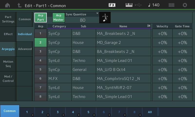 Normal Part (AWM2) Drum Part Normal Part (FM-X) /Audio Individual From the Individual display you can set parameters corresponding to Selects 1 8. Touching the Type Setting calls up a menu.