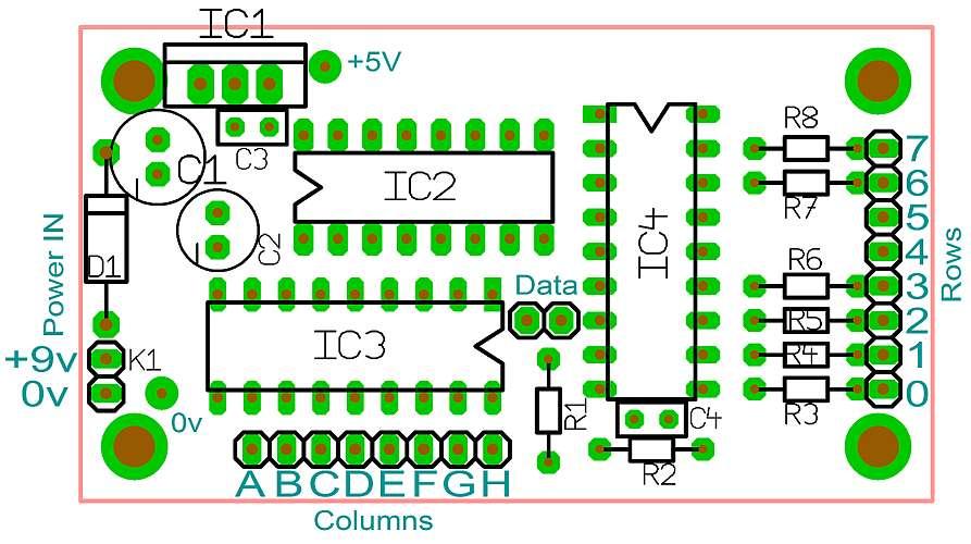 Component Layout (top view) Note capacitors polarity for C1 & C2 (-ve side is marked) Use a socket for the microcontroller chip IC4.