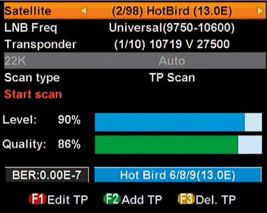 Here, you can set: the satellite, LNB frequencies, transponder, scan type.