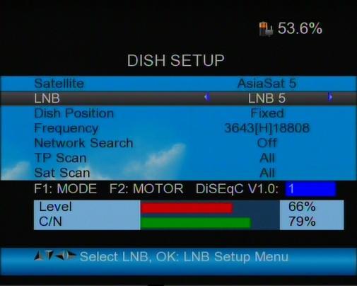 2. DISH SETUP Press OK on Dish setup then the following window appears. 1) Satellite: Press <OK> button to display the satellite list.