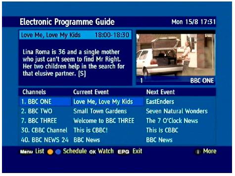 Now / Next The now/next EPG provides information about the current event on the selected channel containing the event's title, running time and a short description.
