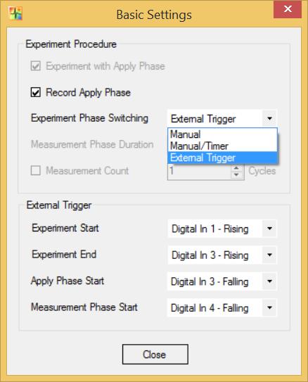 Experiment Phase Switching Switching between phases in the recording of an experiment can be done manually when Manual is selected in the drop down menu.