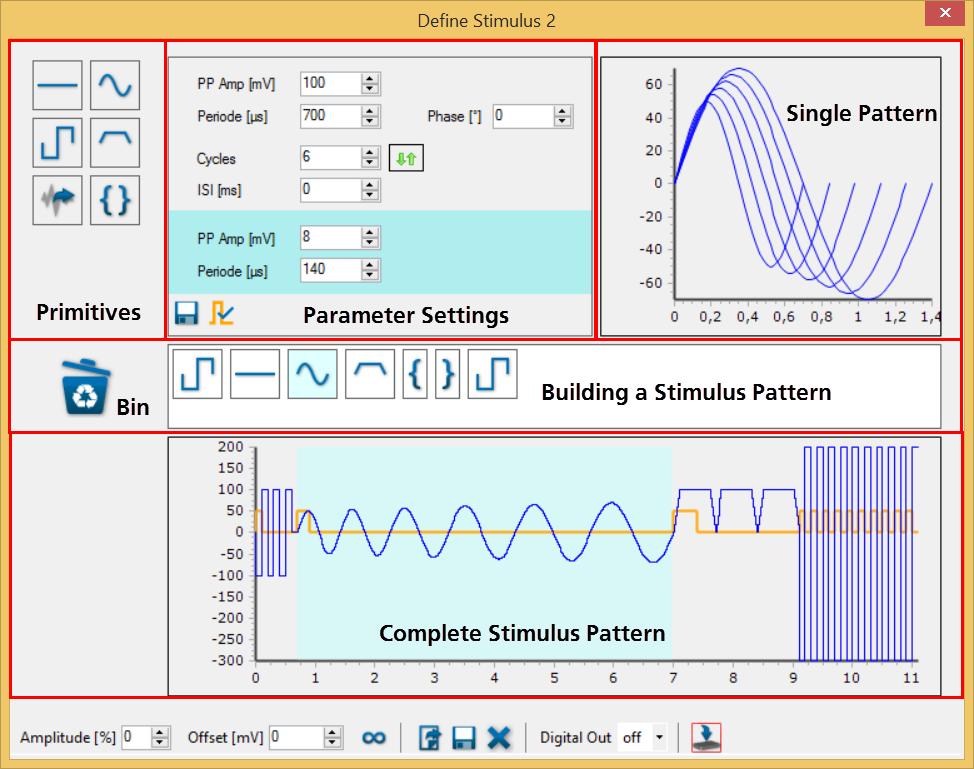 Stimulation Pattern To define the stimulation pattern, please select a stimulus, green, blue or red and open the "Define Stimulus" dialog via icon stimulus pattern.