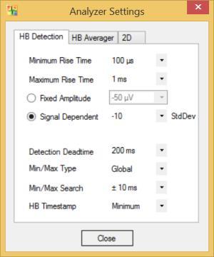 Analyzer Settings In this dialog, the parameters for detecting the waveform of a field potential, please see also "Automated Waveform Detection" and "Detection Parameter, the averaging and signal