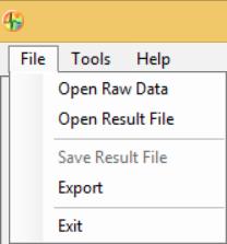 Main Menu File The File menu allows to open or save result files, to open raw data files and to export results to ASCII format.